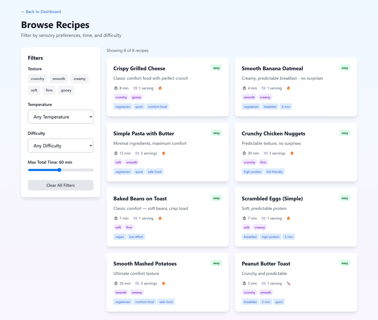 Browse recipes — sensory filters